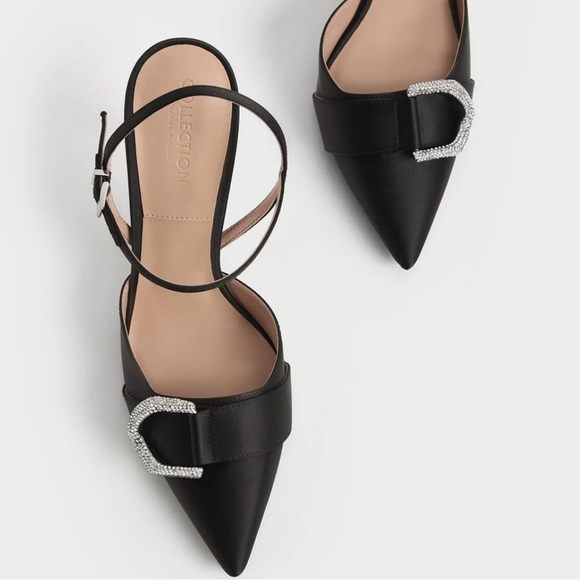 GORGEOUS! Charles and Keith Satin Black Crystal Buckle Slingback Heels - Size 39 - Picture 3 of 8